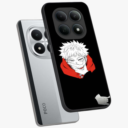 Crimson Chaos Smile Glass Case displayed in angled mockup highlighting edgy crimson smile design with graphic aesthetic.