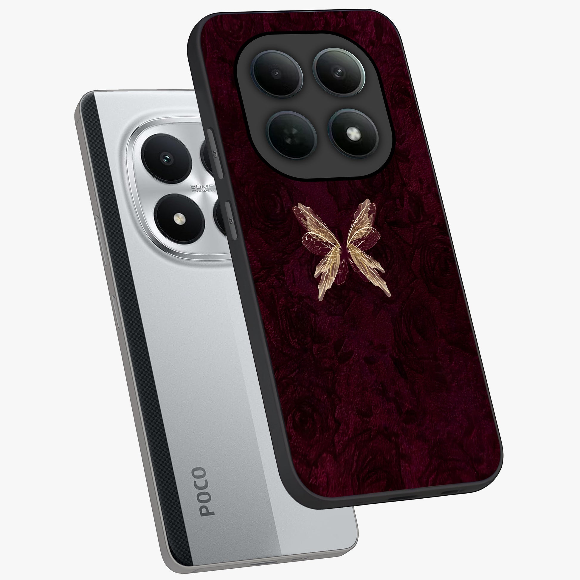 Crimson Fade Butterfly Glass Case displayed in angled mockup highlighting elegant butterfly design with crimson gradient aesthetic.
