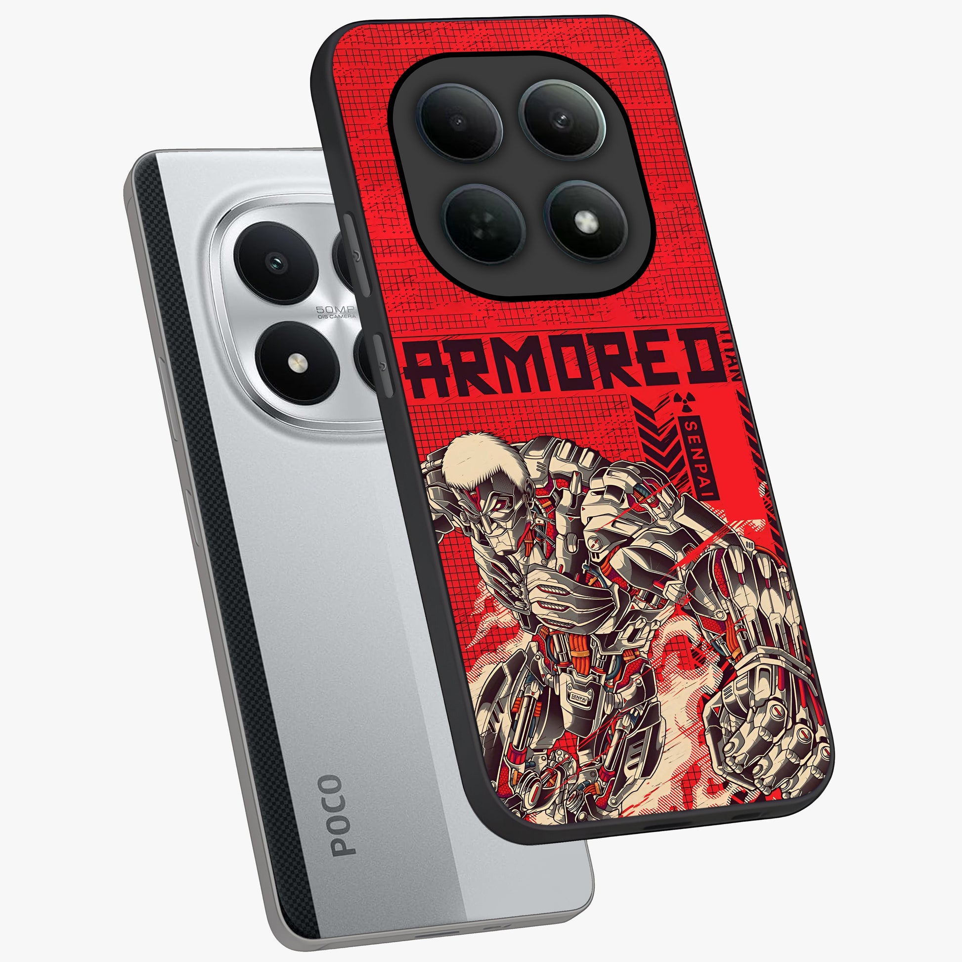 Crimson Mecha Titan Glass Case displayed in angled mockup highlighting futuristic mech illustration with bold crimson aesthetic.