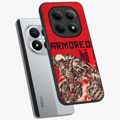Crimson Mecha Titan Glass Case displayed in angled mockup highlighting futuristic mech illustration with bold crimson aesthetic.