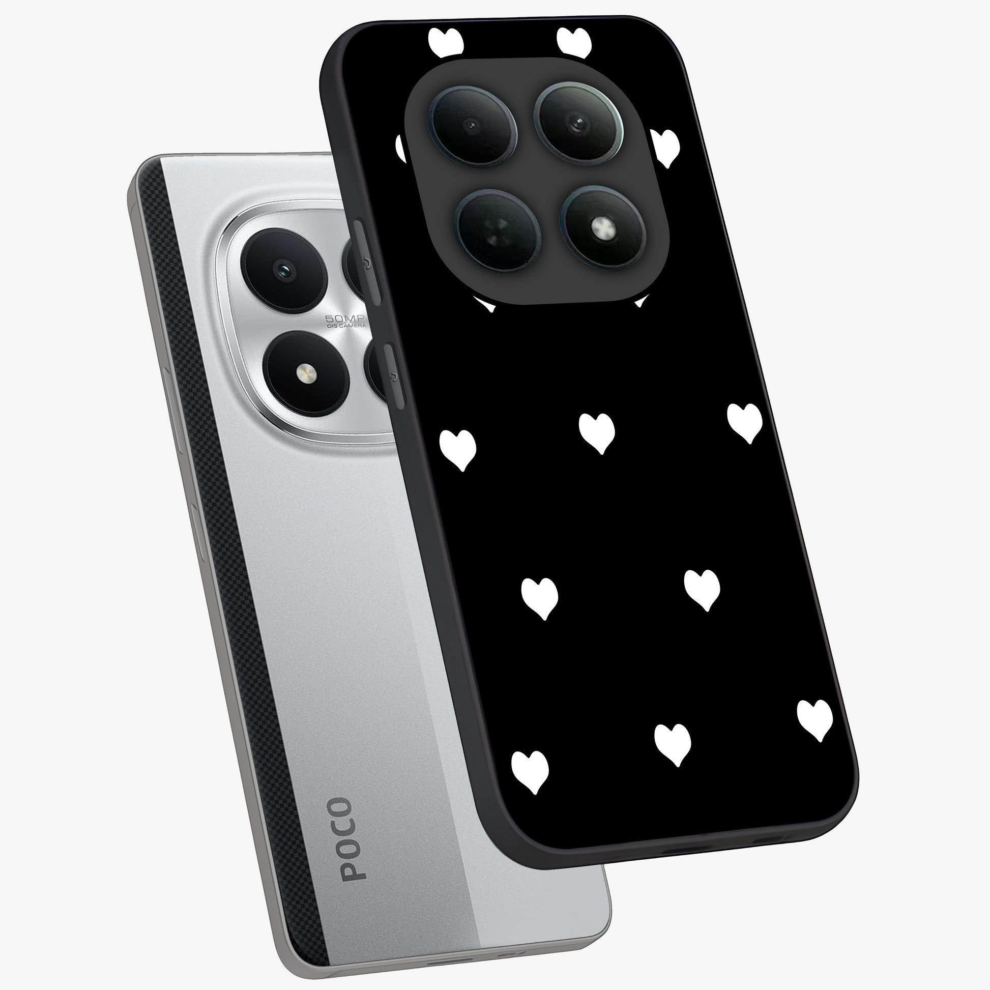 Cute And Simple White Hearts Glass Case displayed in angled mockup highlighting cute heart design with clean aesthetic style.
