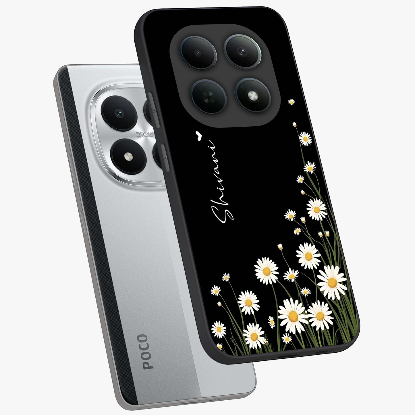 Daisy Cascade Custom Name Glass Case displayed in angled mockup highlighting delicate daisy artwork with custom name feature.