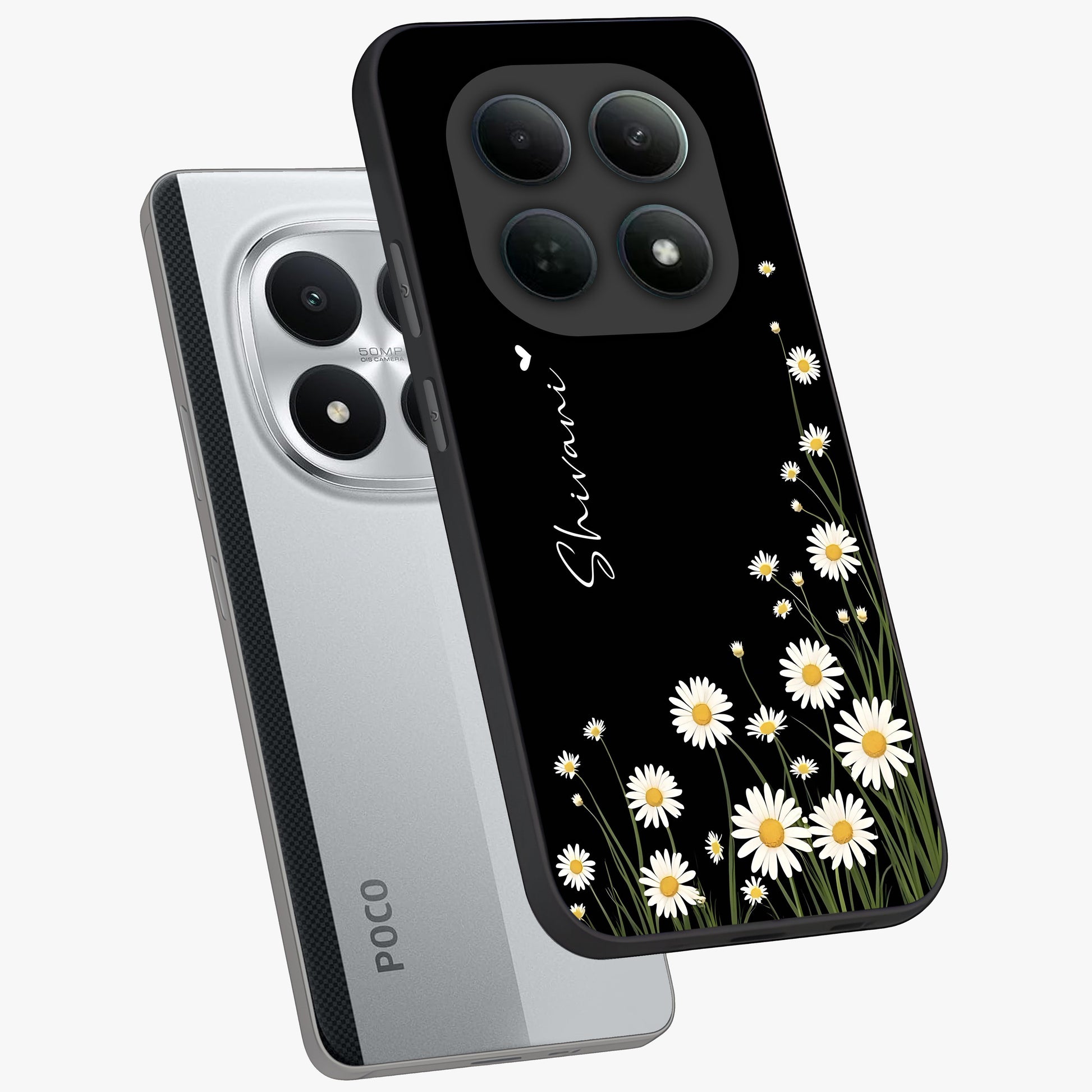 Daisy Cascade Custom Name Glass Case displayed in angled mockup highlighting delicate daisy artwork with custom name feature.