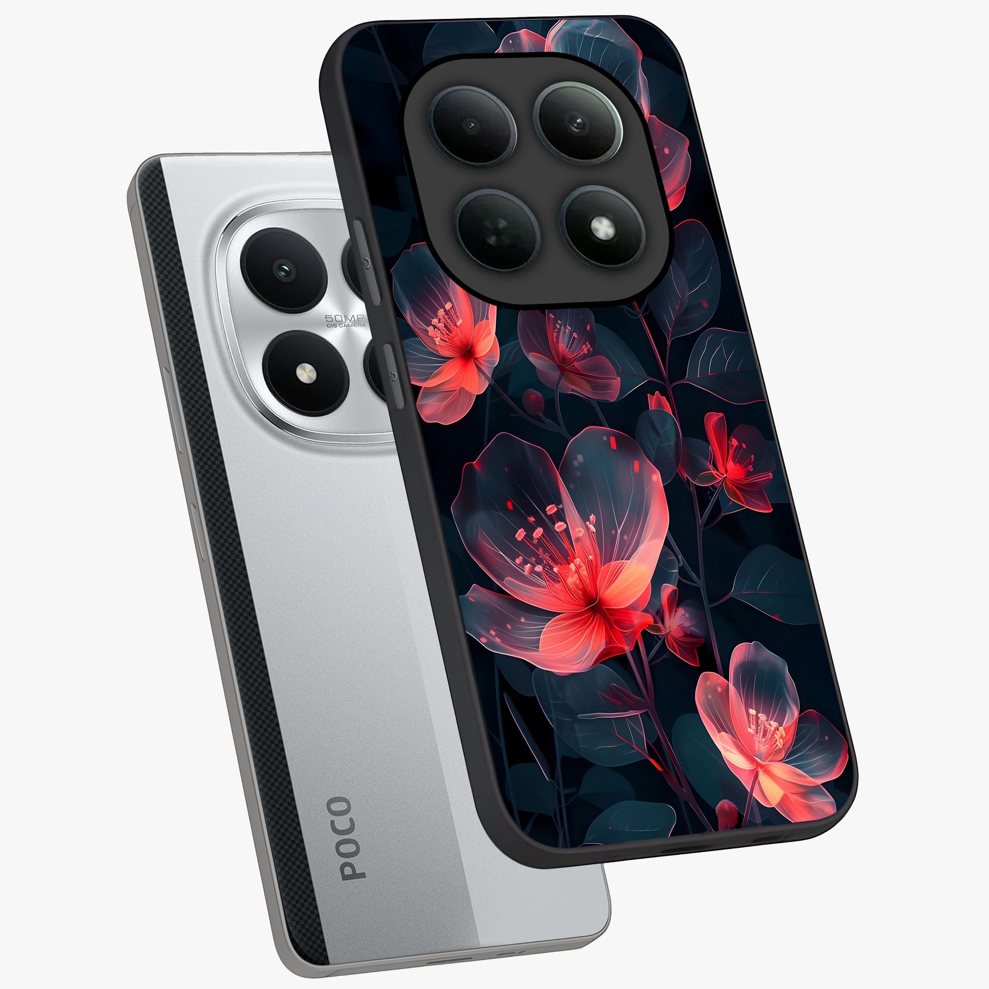 Dark Shade of Flower Glass Case displayed in angled mockup highlighting moody floral illustration with aesthetic dark tones.