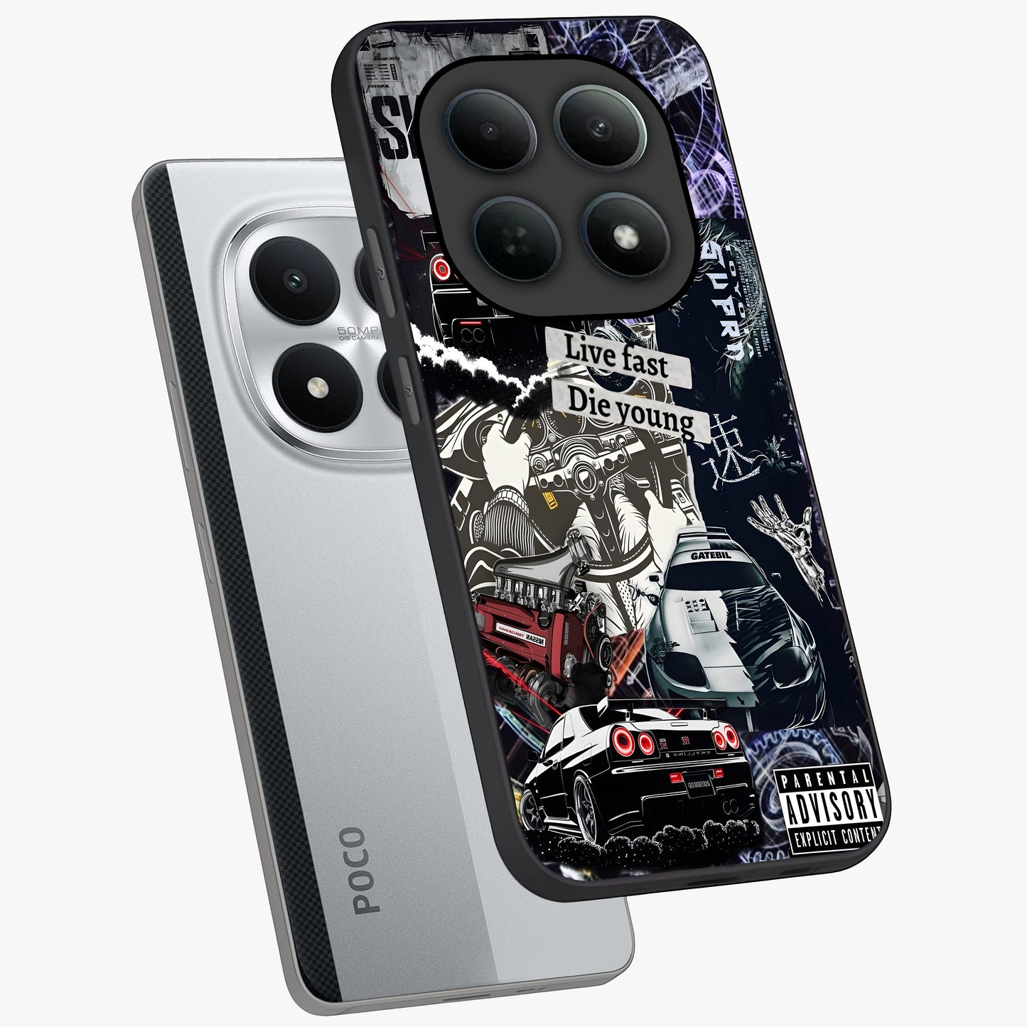 Die Young Glass Case displayed in angled mockup highlighting expressive graphic artwork with edgy aesthetic style.