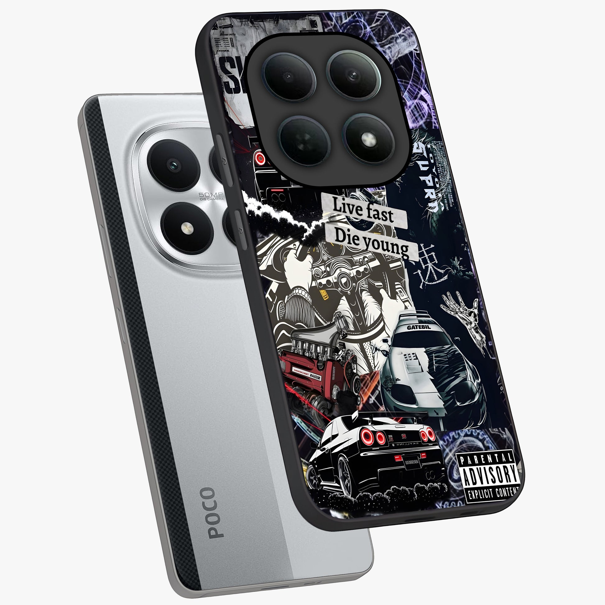 Die Young Glass Case displayed in angled mockup highlighting expressive graphic artwork with edgy aesthetic style.