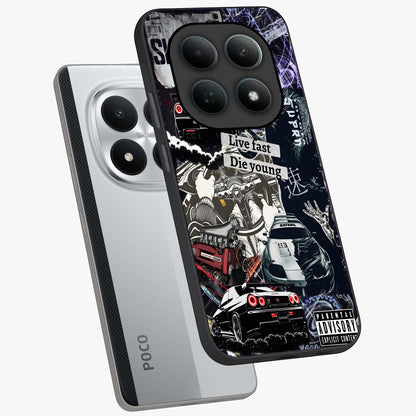 Die Young Glass Case displayed in angled mockup highlighting expressive graphic artwork with edgy aesthetic style.