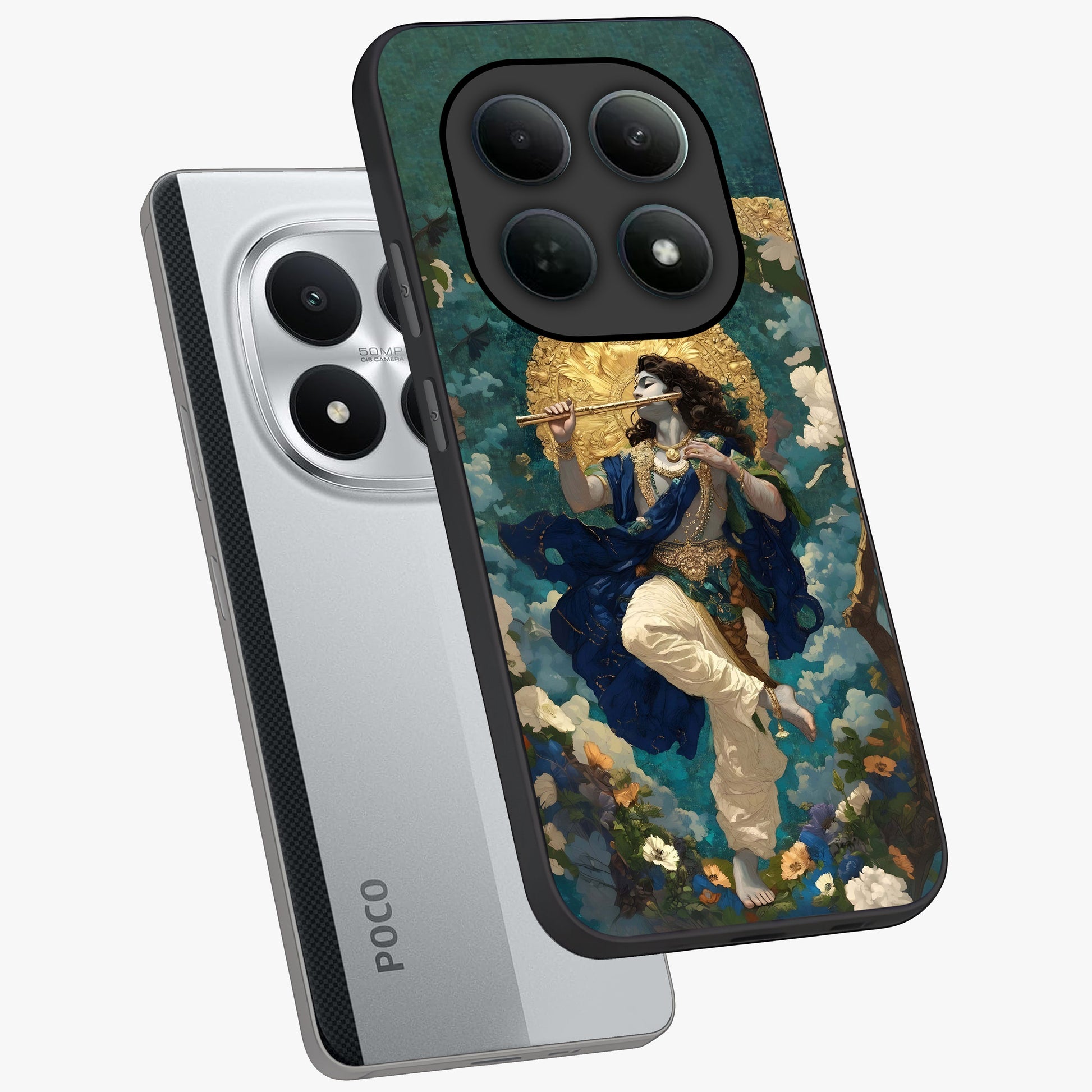 Divine Krishna Art Glass Case displayed in angled mockup highlighting spiritual Krishna illustration with devotional aesthetic.