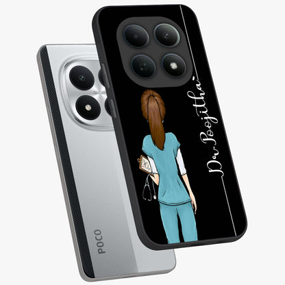 Doctor Pattern Custom Name Glass Case displayed in angled mockup highlighting doctor inspired artwork with custom name feature.