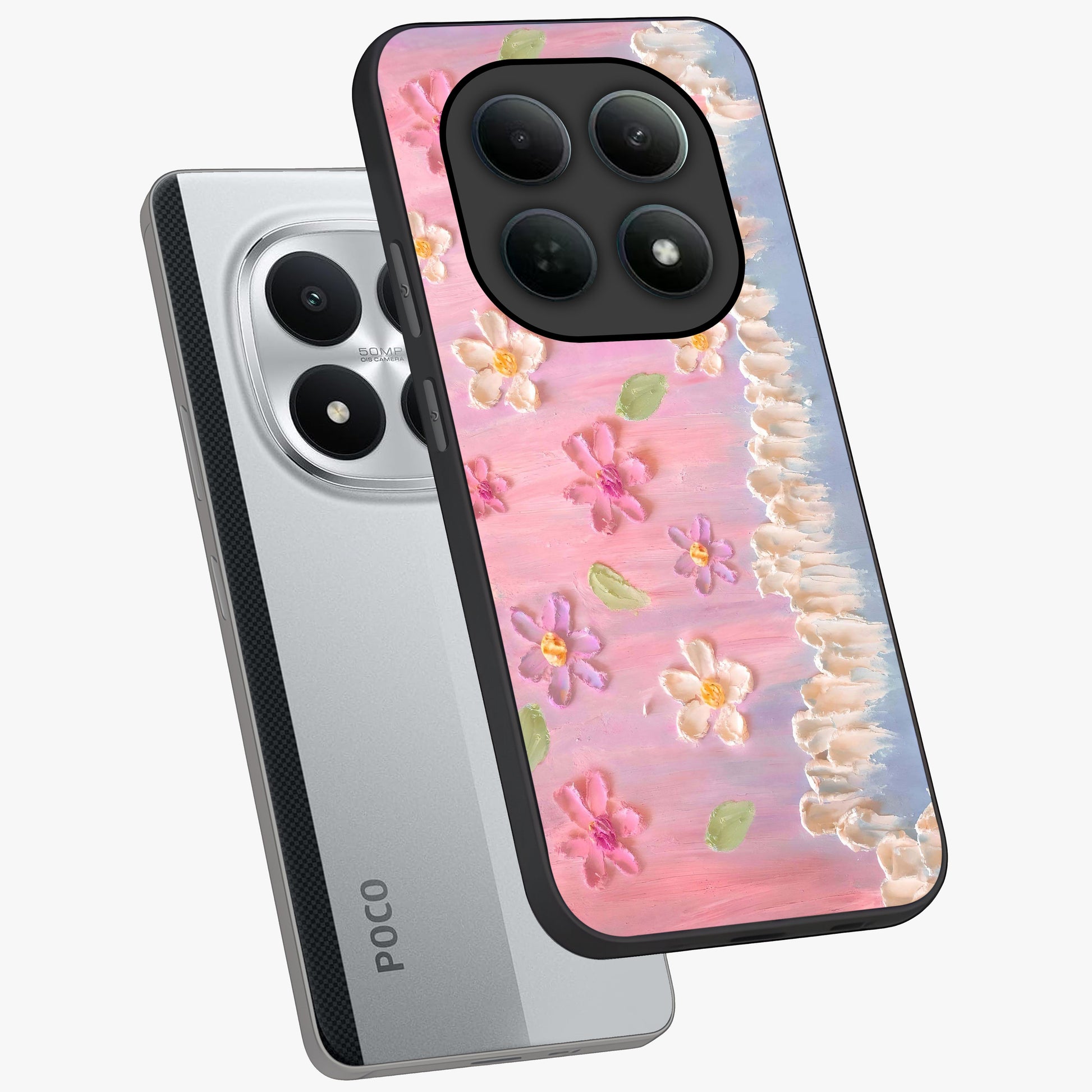 Dreamy Painted Garden Glass Case displayed in angled mockup highlighting colorful garden illustration with dreamy aesthetic style.