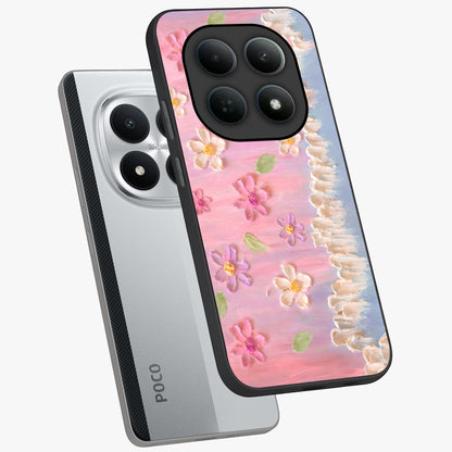 Dreamy Painted Garden Glass Case displayed in angled mockup highlighting colorful garden illustration with dreamy aesthetic style.