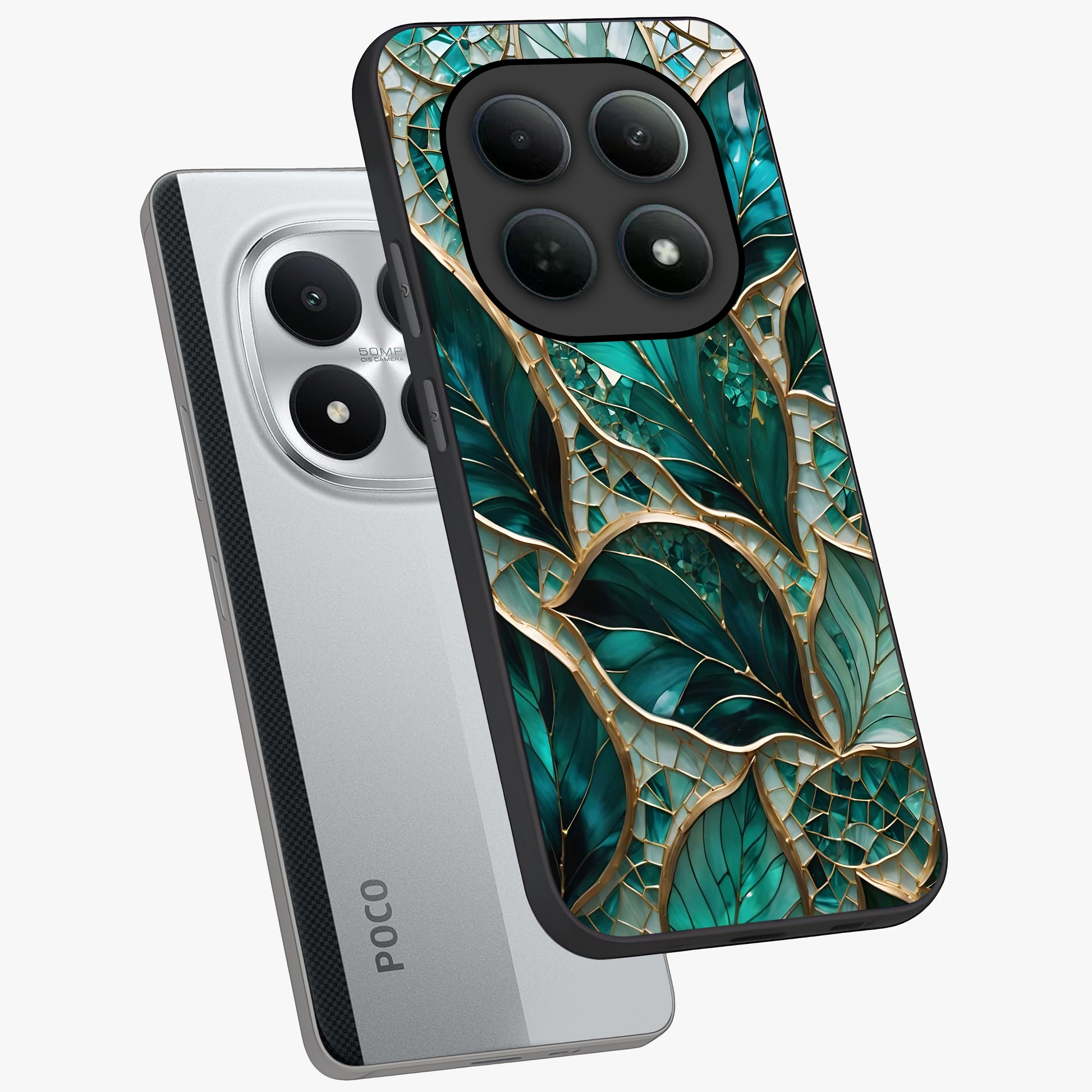 Emerald Leaf Glass Glass Case displayed in angled mockup highlighting botanical leaf illustration with elegant natural aesthetic.