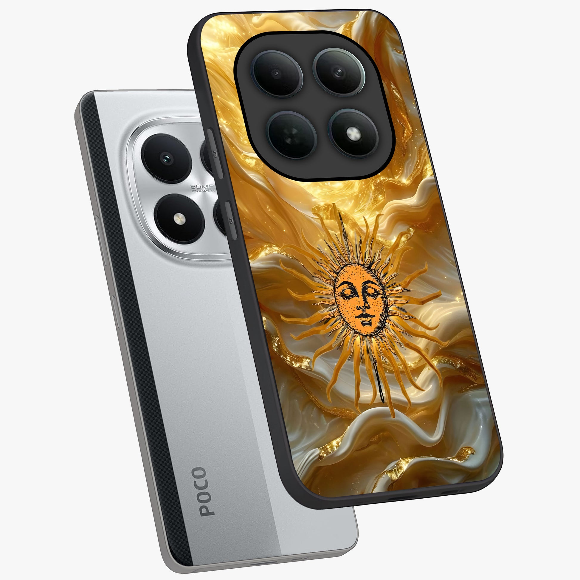 Eternal Golden Glow Glass Case displayed in angled mockup highlighting glowing golden aesthetic design with elegant style.