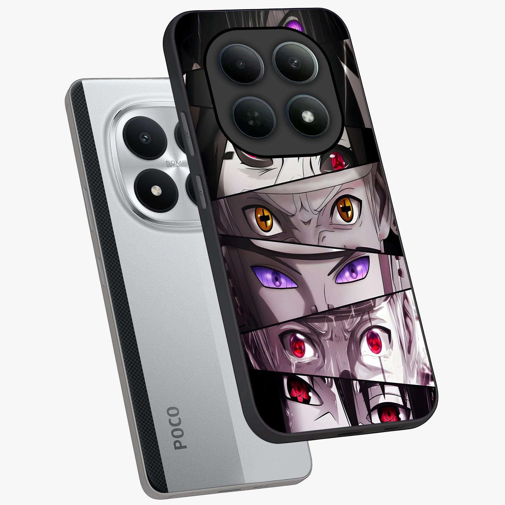 Eyes of Destiny Glass Case displayed in angled mockup highlighting bold eye illustration with mystical aesthetic style.