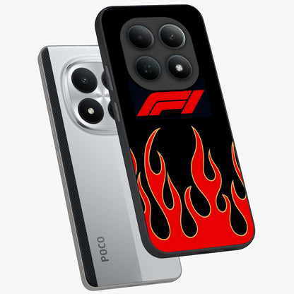 Fire F11 Glass Case displayed in angled mockup highlighting bold fire inspired graphic with energetic aesthetic style.