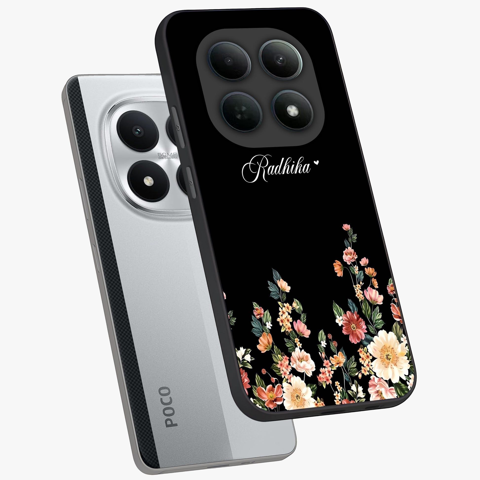 Floral Design With a Custom Personalized Name Glass Case displayed in angled mockup highlighting elegant floral pattern with custom name feature.