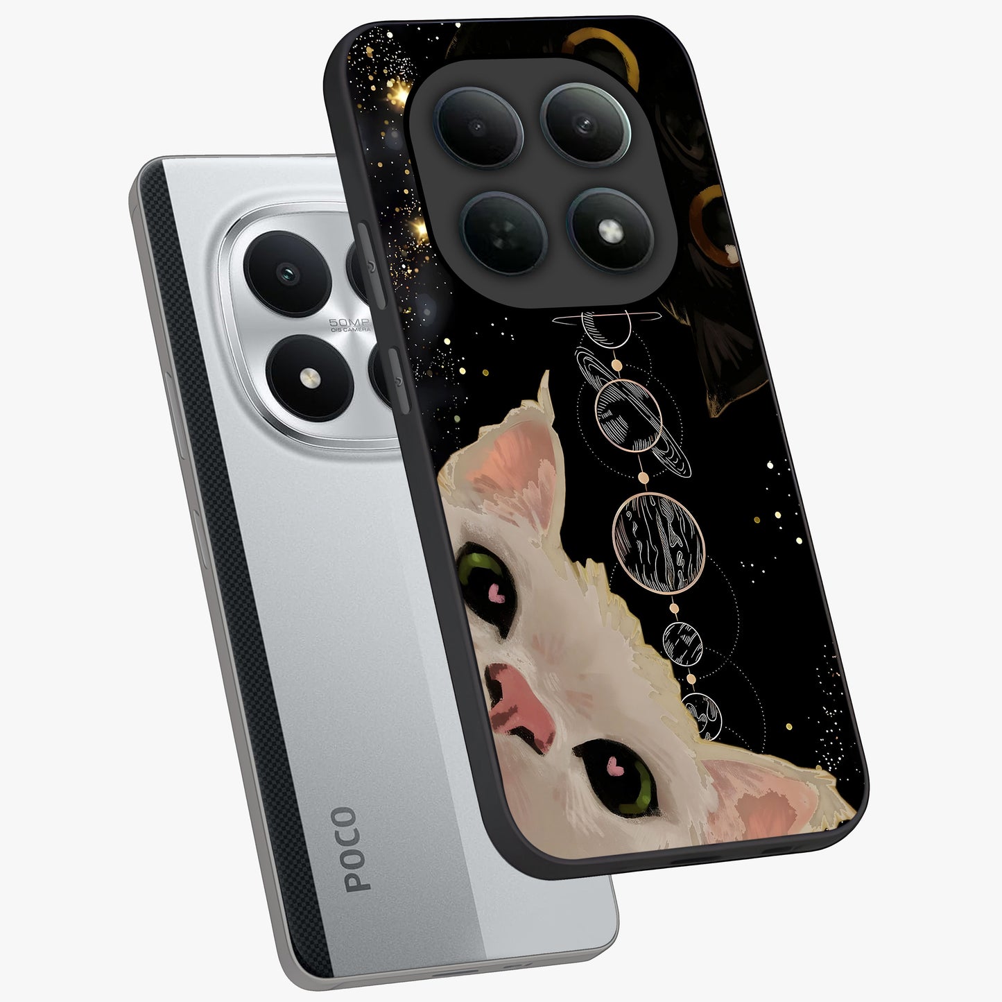 Galactic Cat Glass Case displayed in angled mockup highlighting celestial feline illustration with galaxy aesthetic style.