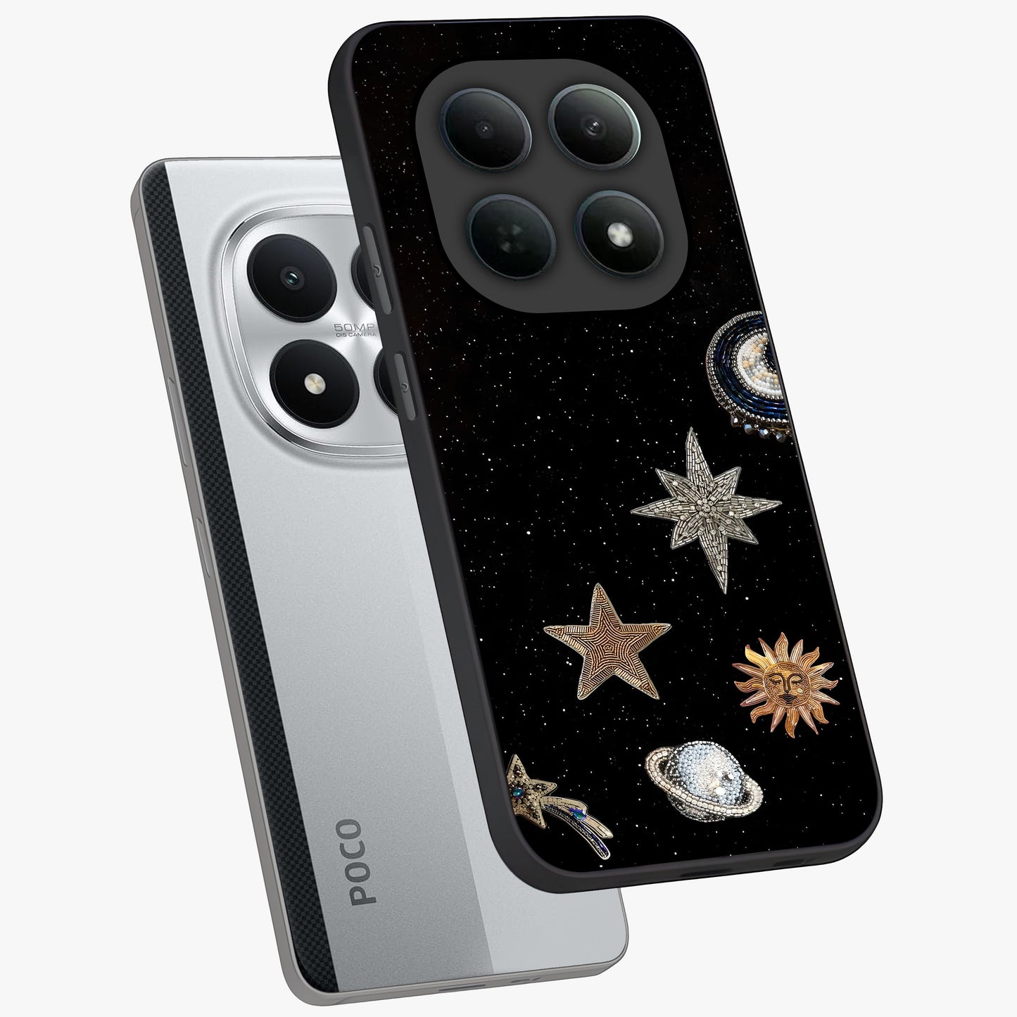 Galactic Charm Glow Glass Case displayed in angled mockup highlighting luminous galaxy inspired design with dreamy aesthetic.