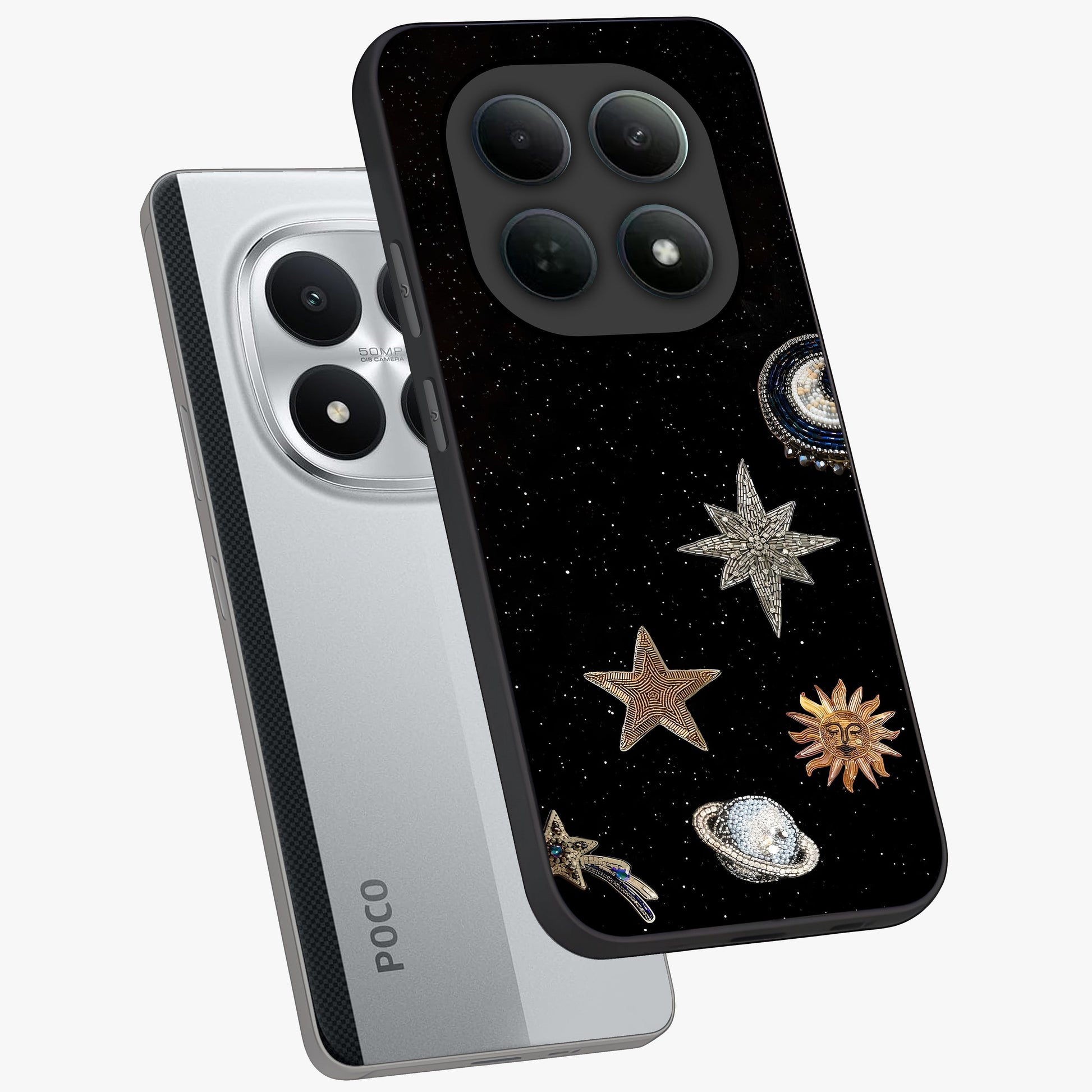 Galactic Charm Glow Glass Case displayed in angled mockup highlighting luminous galaxy inspired design with dreamy aesthetic.