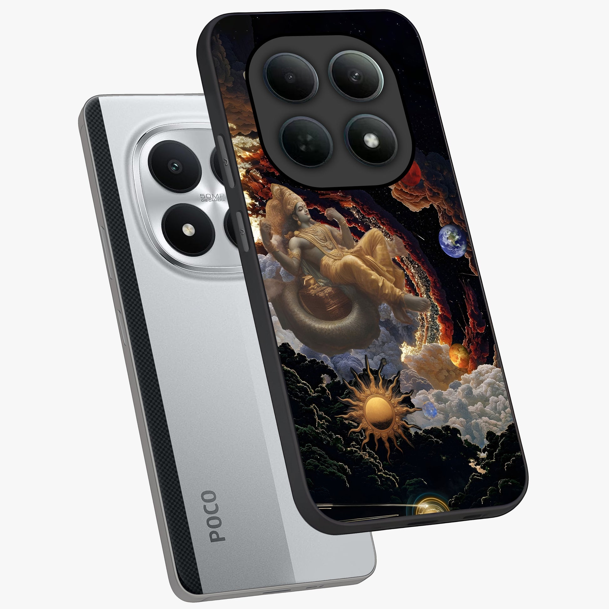 Galactic Divine God Glass Case displayed in angled mockup highlighting powerful celestial deity illustration with galactic aesthetic.