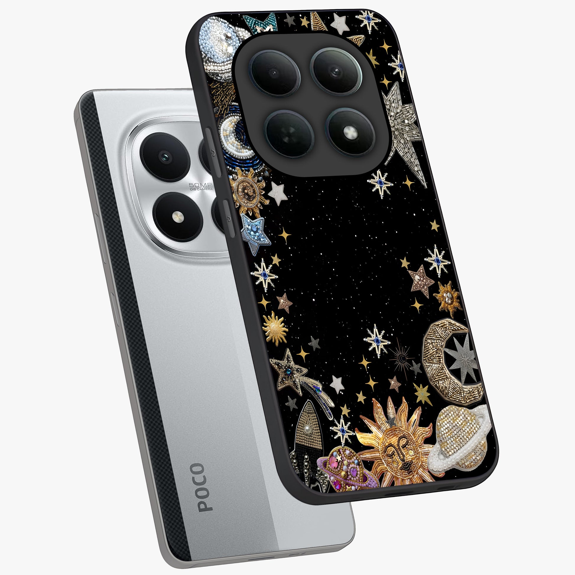 Galactic Jewel Stars Glass Case displayed in angled mockup highlighting shining celestial star design with cosmic aesthetic style.