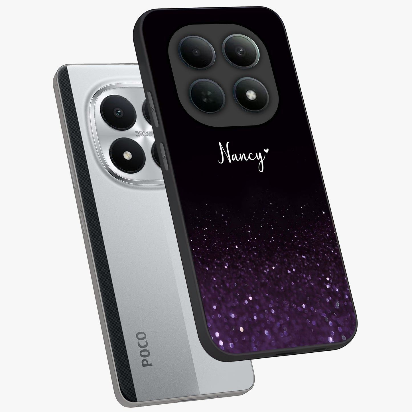 Glittery Purple Bokeh Custom Name Glass Case displayed in angled mockup highlighting glitter bokeh pattern with custom name feature.