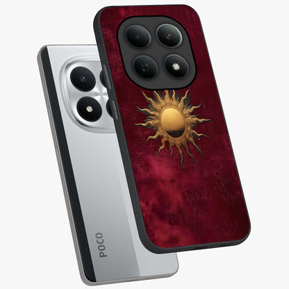 Golden Sun Minimalism Glass Case displayed in angled mockup highlighting clean sun symbol design with modern minimal aesthetic.