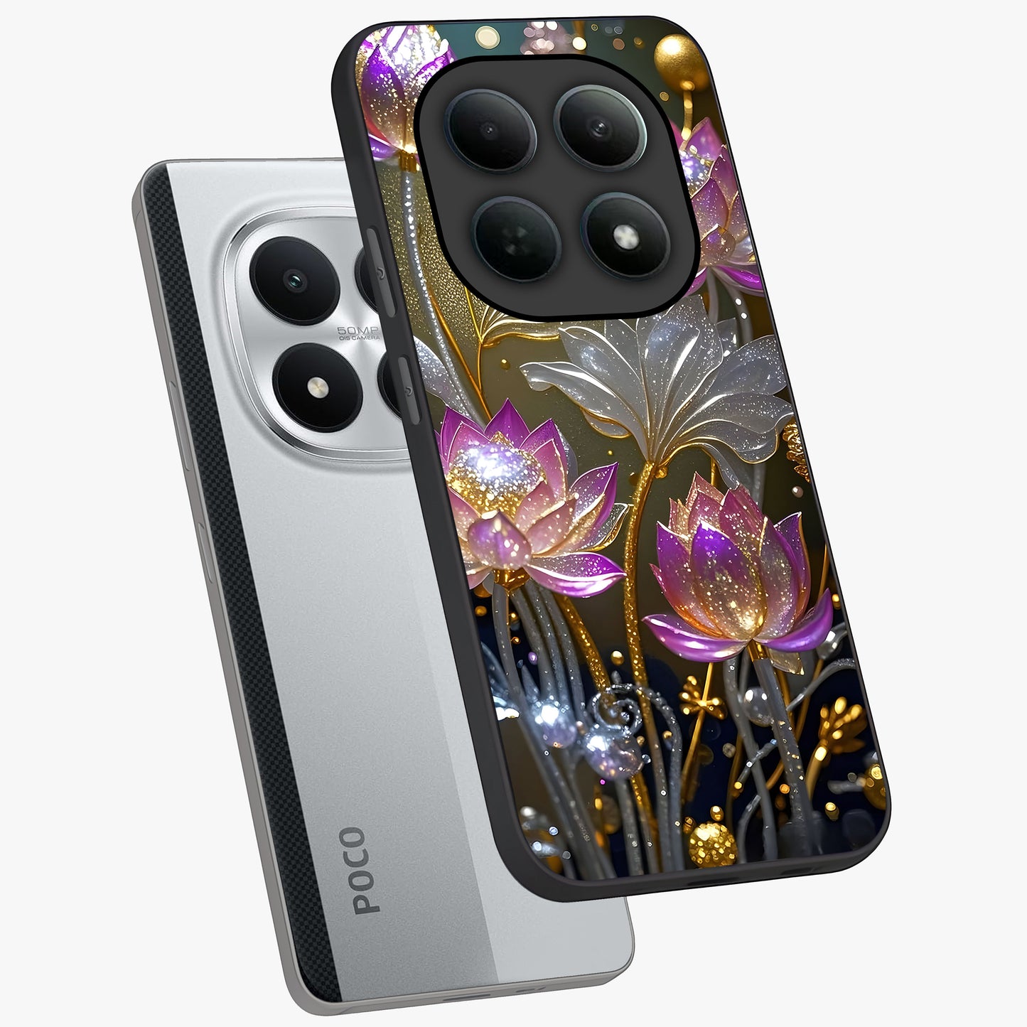 Golden Floral Majesty Glass Case displayed in angled mockup highlighting elegant flower design with royal golden aesthetic.