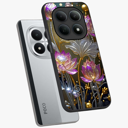 Golden Floral Majesty Glass Case displayed in angled mockup highlighting elegant flower design with royal golden aesthetic.