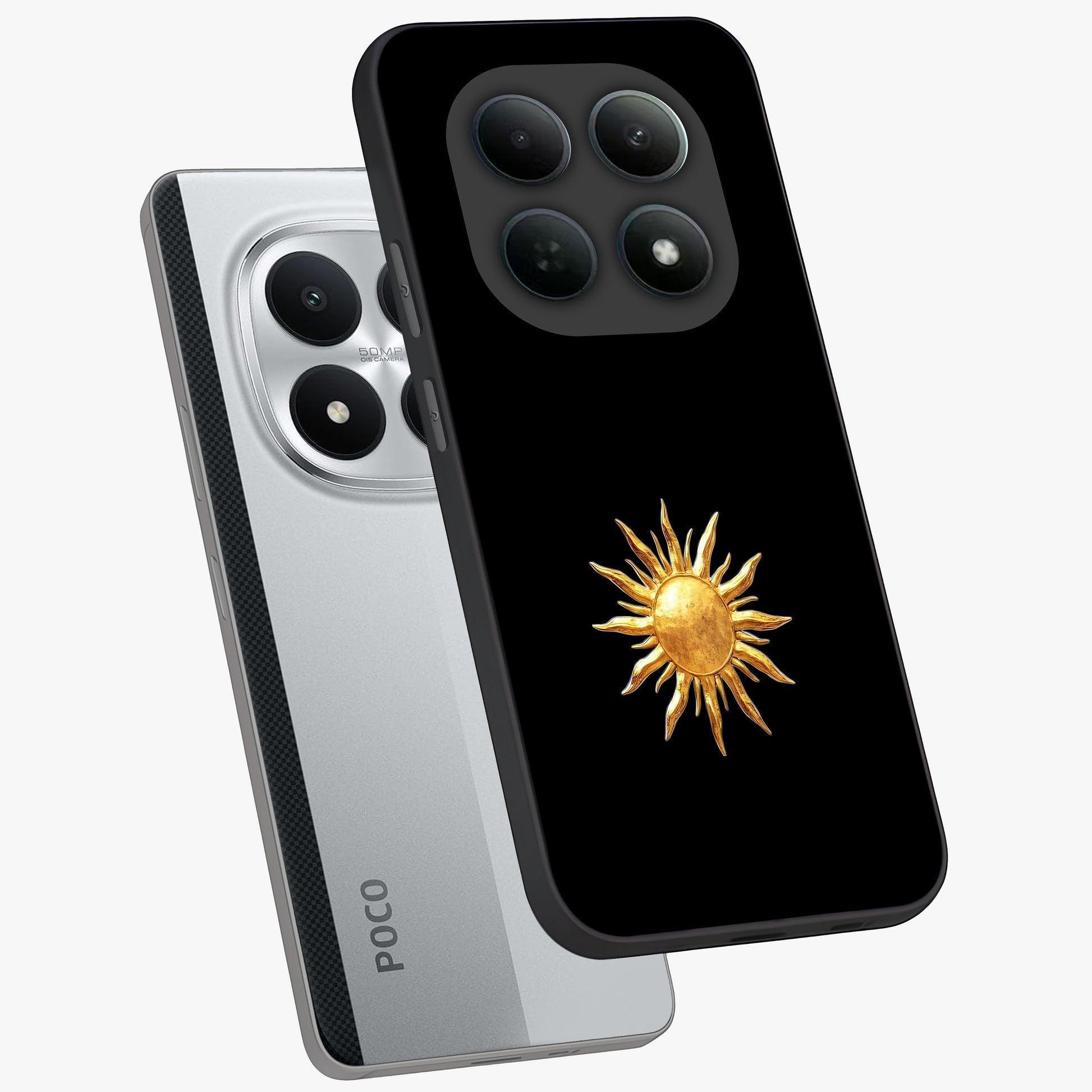 Golden Sun Minimalism Glass Case displayed in angled mockup highlighting eerie shadow illustration with gothic aesthetic.