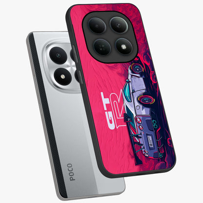 GT-R Car Pattern Glass Case displayed in angled mockup highlighting racing car graphic design with bold automotive aesthetic.
