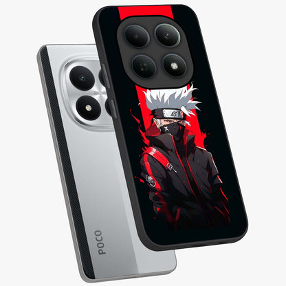Kakashi Scarlet Shadow Glass Case displayed in angled mockup highlighting dramatic ninja illustration with scarlet themed aesthetic.