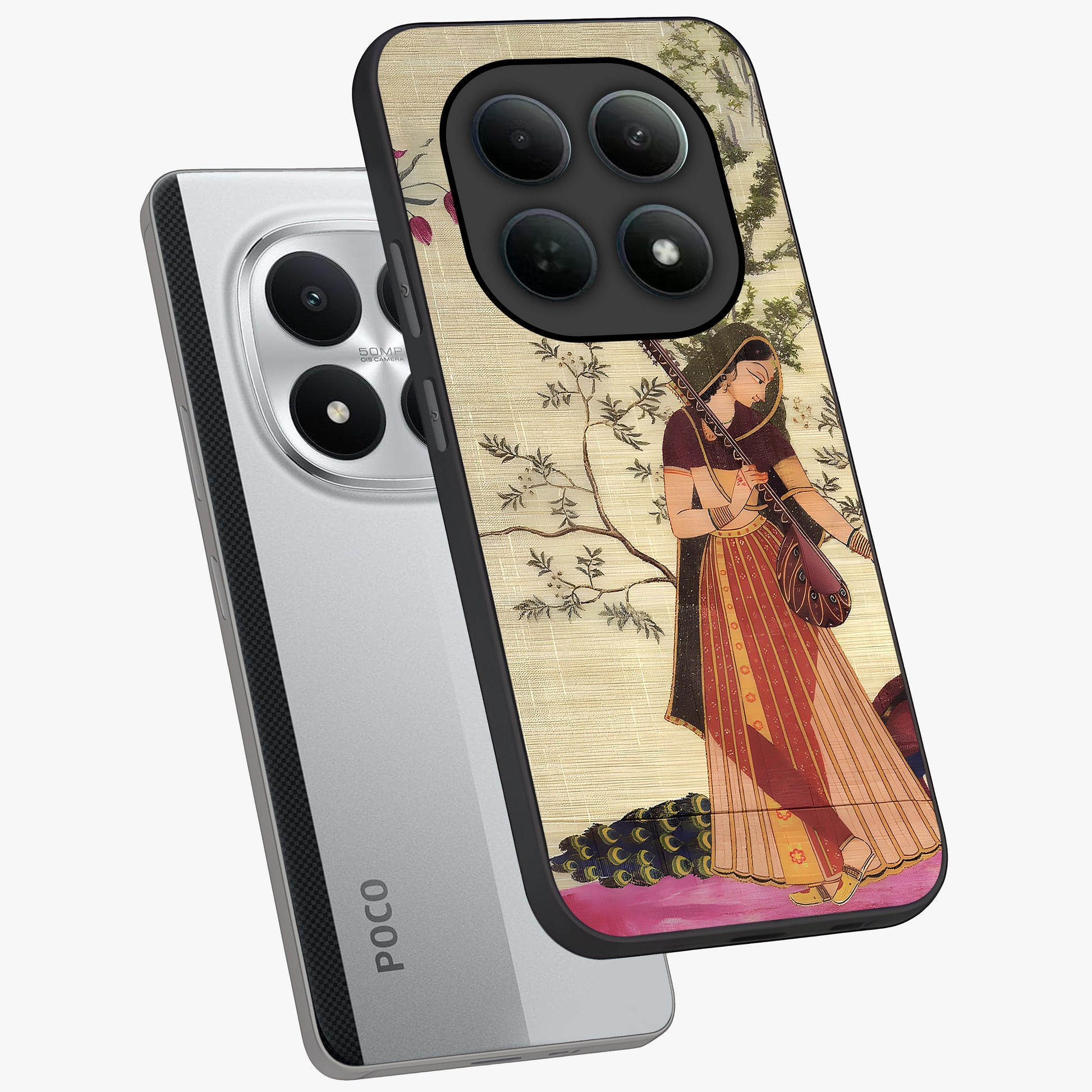 Lady With Veena Art Glass Case displayed in angled mockup highlighting graceful musical illustration with cultural artistic aesthetic.