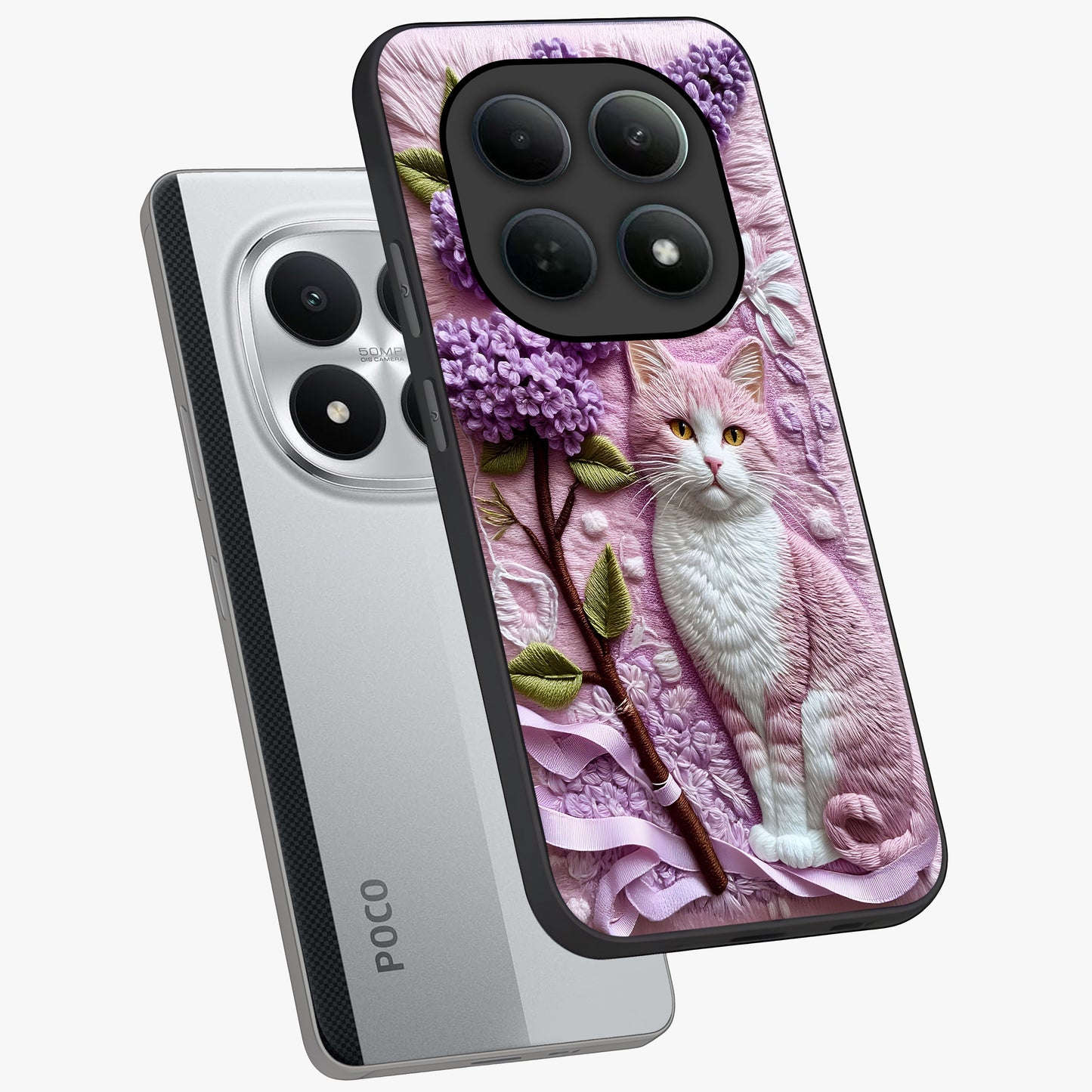 Lavender Cat Whimsy Glass Case displayed in angled mockup highlighting playful feline illustration with pastel lavender aesthetic.
