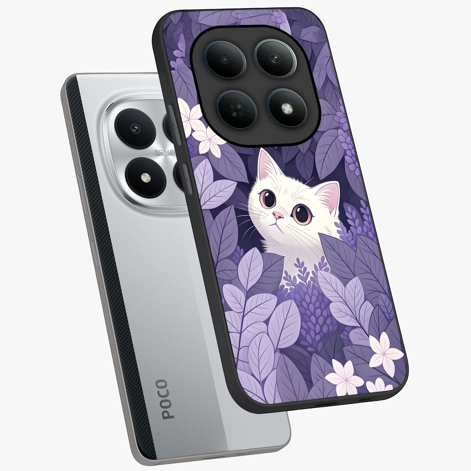 Lilac Hide Peek Cat Glass Case displayed in angled mockup highlighting playful feline illustration with lilac aesthetic design.