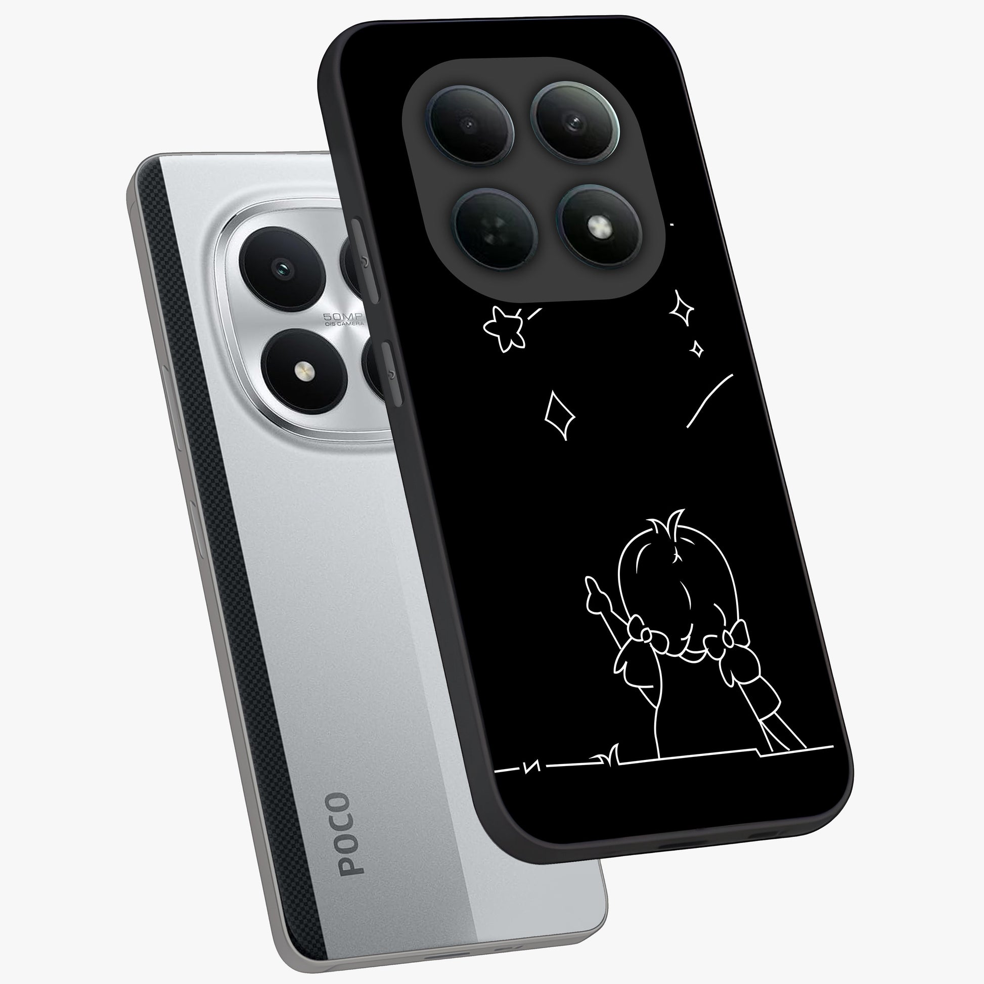 Line Art Girl With Shooting Stars Glass Case displayed in angled mockup highlighting elegant line art design with dreamy star aesthetic.