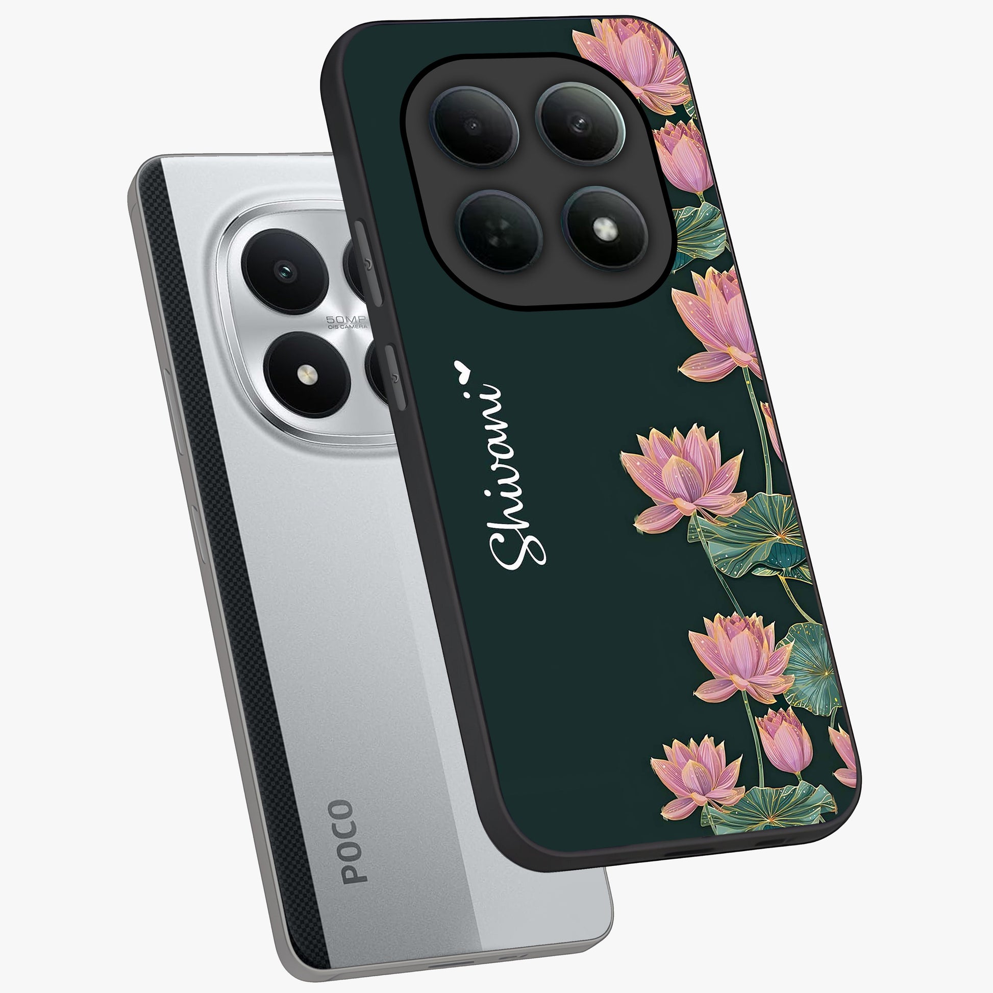 Lotus Bloom Serenity Custom Name Glass Case displayed in angled mockup highlighting graceful lotus illustration with custom name feature.