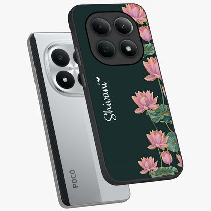 Lotus Bloom Serenity Custom Name Glass Case displayed in angled mockup highlighting graceful lotus illustration with custom name feature.