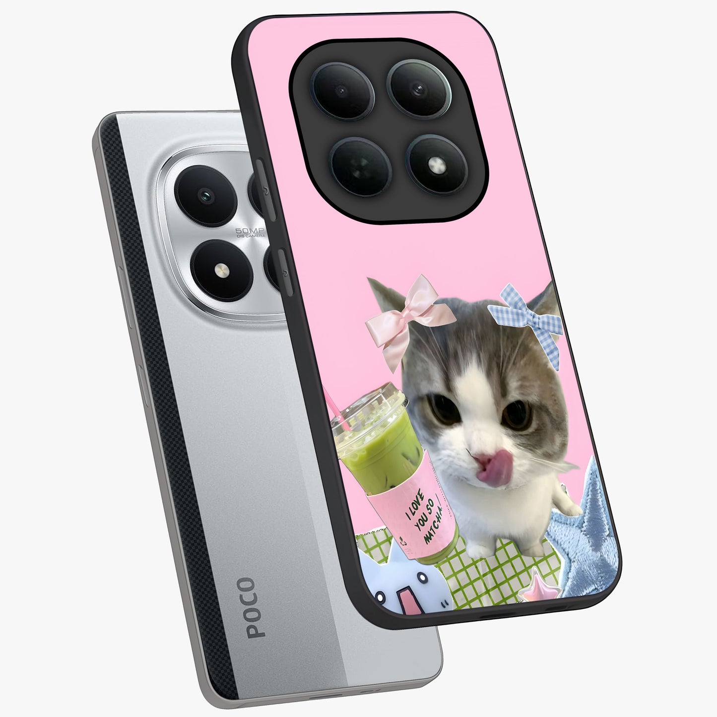 Love Matcha Cat Glass Case displayed in angled mockup highlighting playful feline illustration with cozy matcha aesthetic.