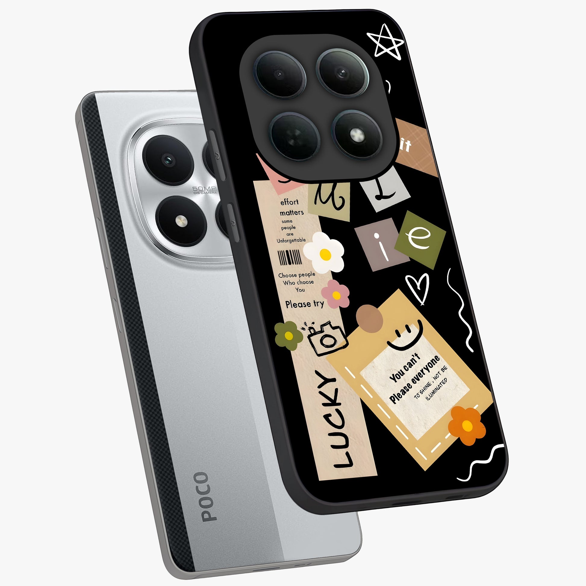 Lucky Aesthetic Collage Glass Case displayed in angled mockup highlighting stylish collage pattern with modern aesthetic vibe.