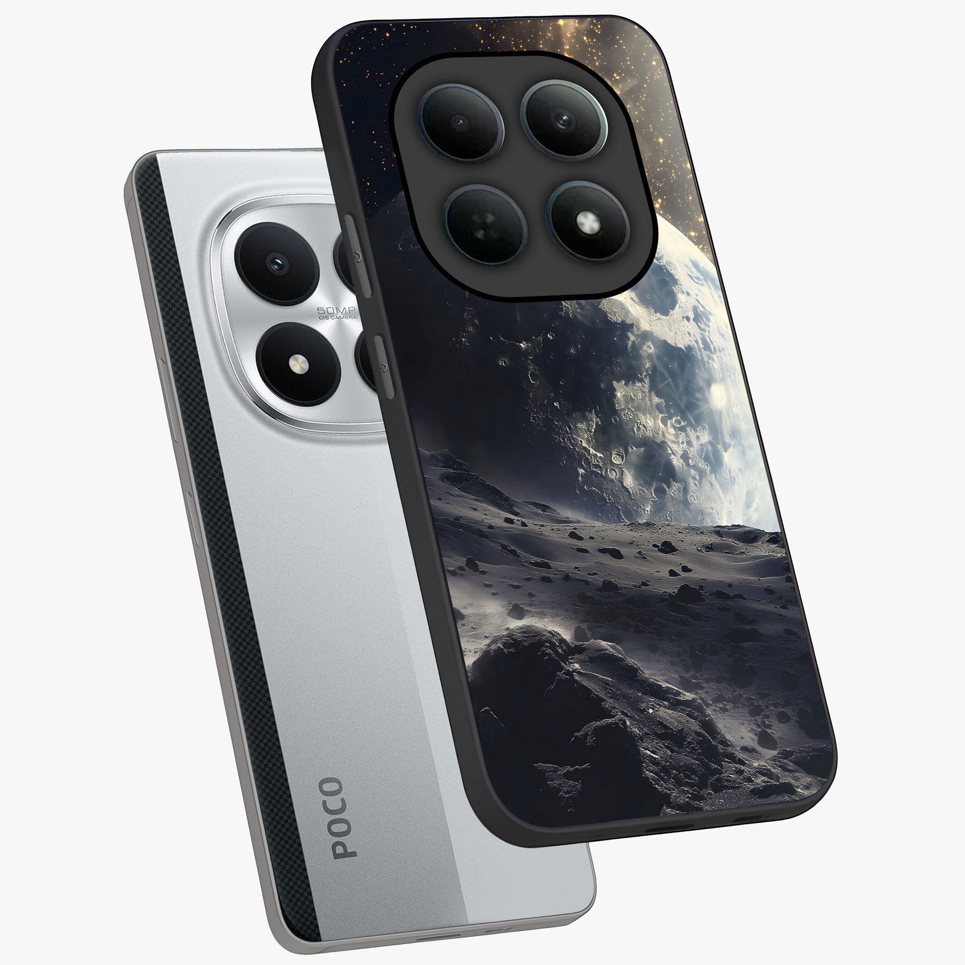 Lunar Horizon Glow Glass Case displayed in angled mockup highlighting celestial moon design with dreamy night aesthetic.