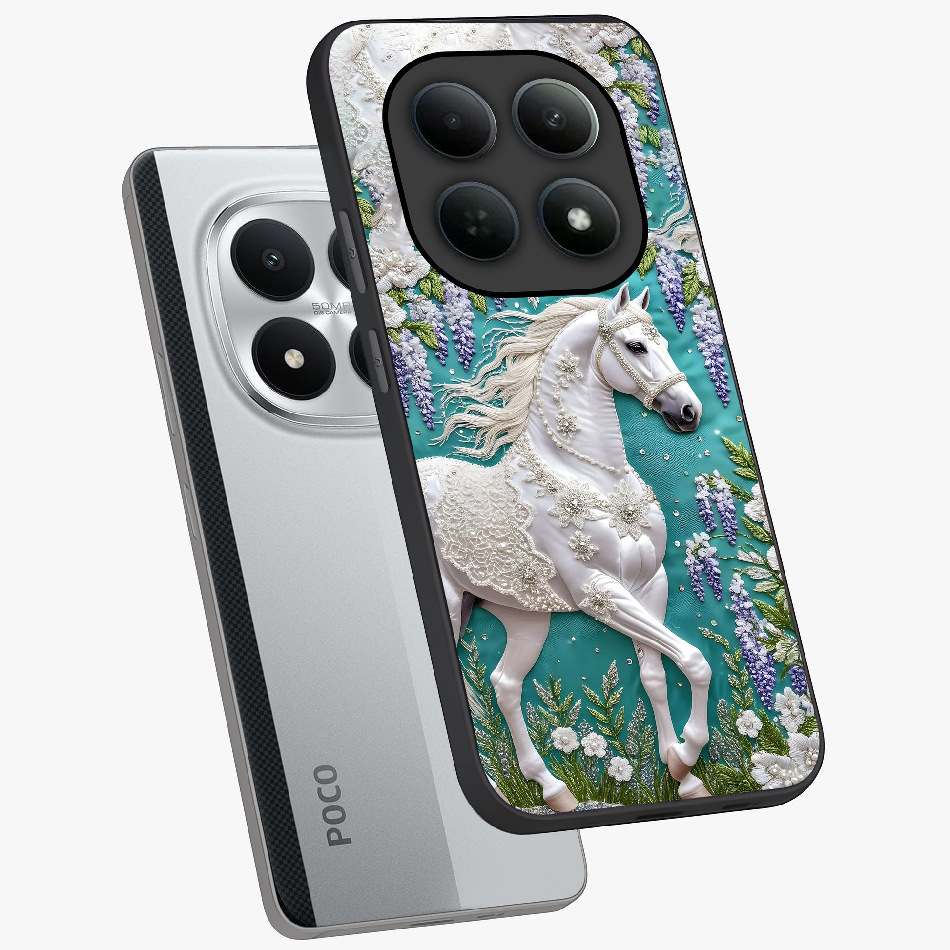 Majestic Floral Stallion Glass Case displayed in angled mockup highlighting majestic stallion illustration with elegant floral aesthetic.