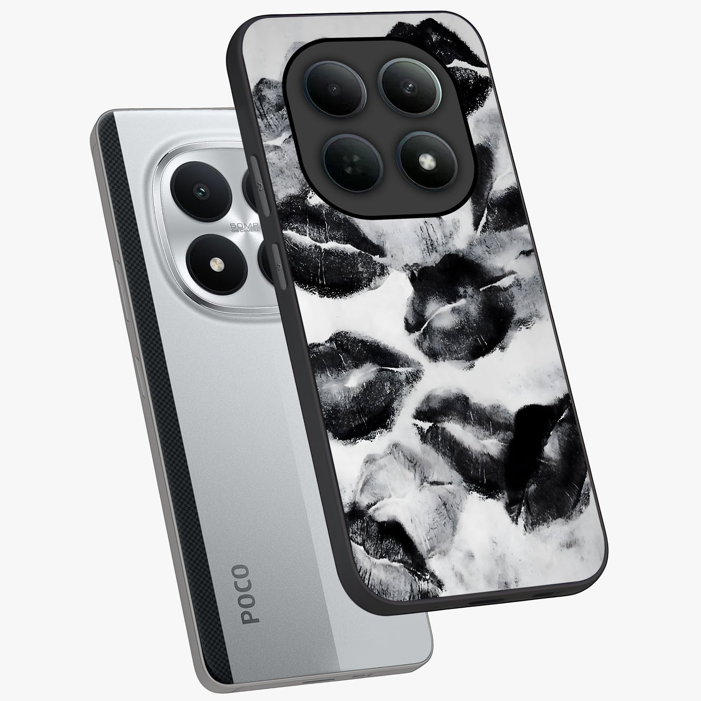 Midnight Kiss Marks Glass Case displayed in angled mockup highlighting playful romantic design with bold midnight aesthetic.