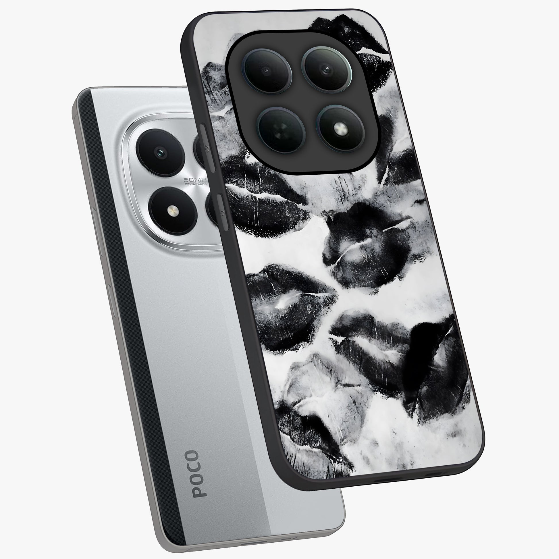 Midnight Kiss Marks Glass Case displayed in angled mockup highlighting playful romantic design with bold midnight aesthetic.