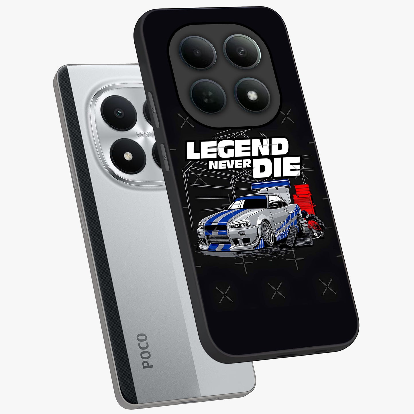 Midnight Racing Legacy Glass Case displayed in angled mockup highlighting dynamic automotive design with bold midnight aesthetic.