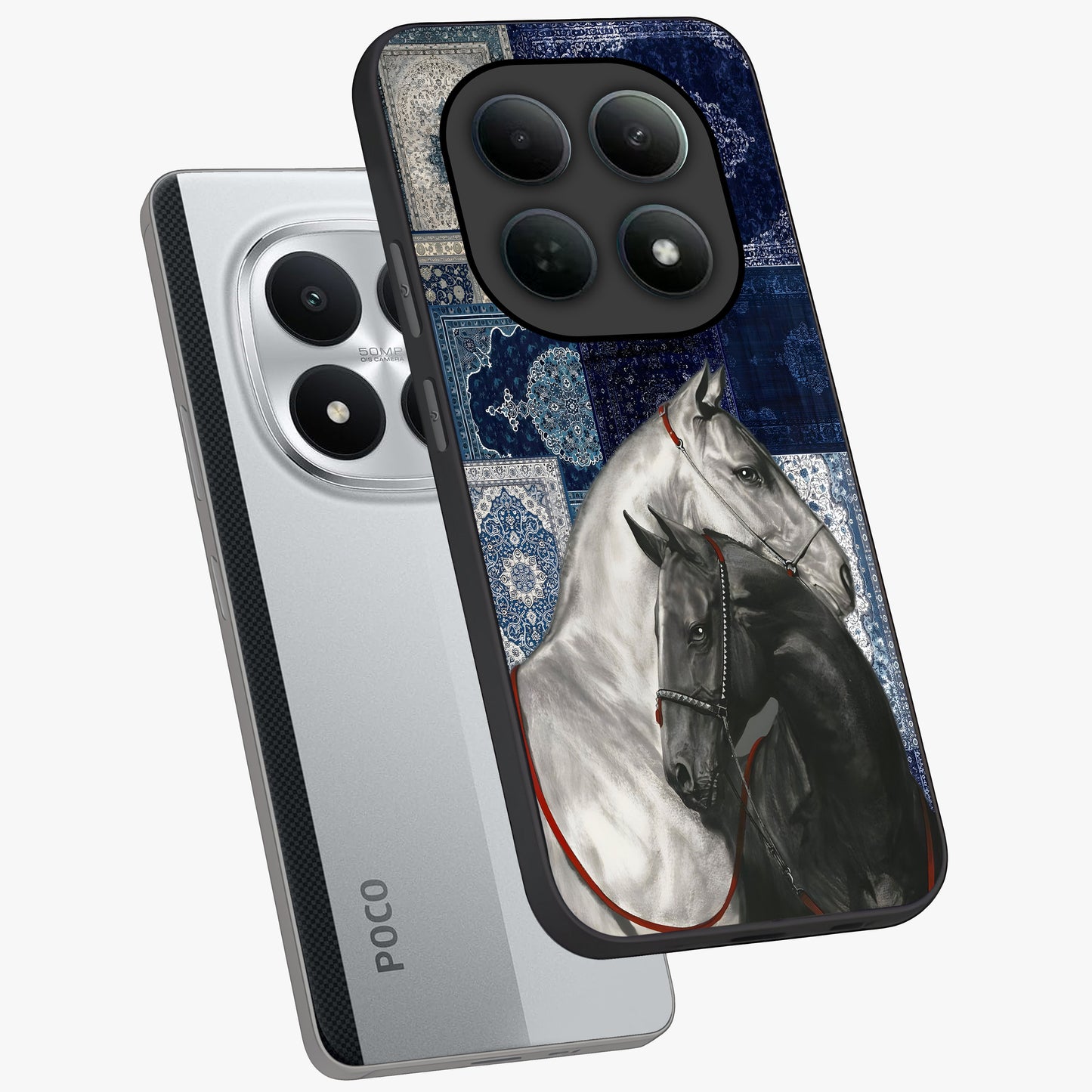 Midnight Stallion Blues Glass Case displayed in angled mockup highlighting powerful stallion illustration with deep midnight tones.