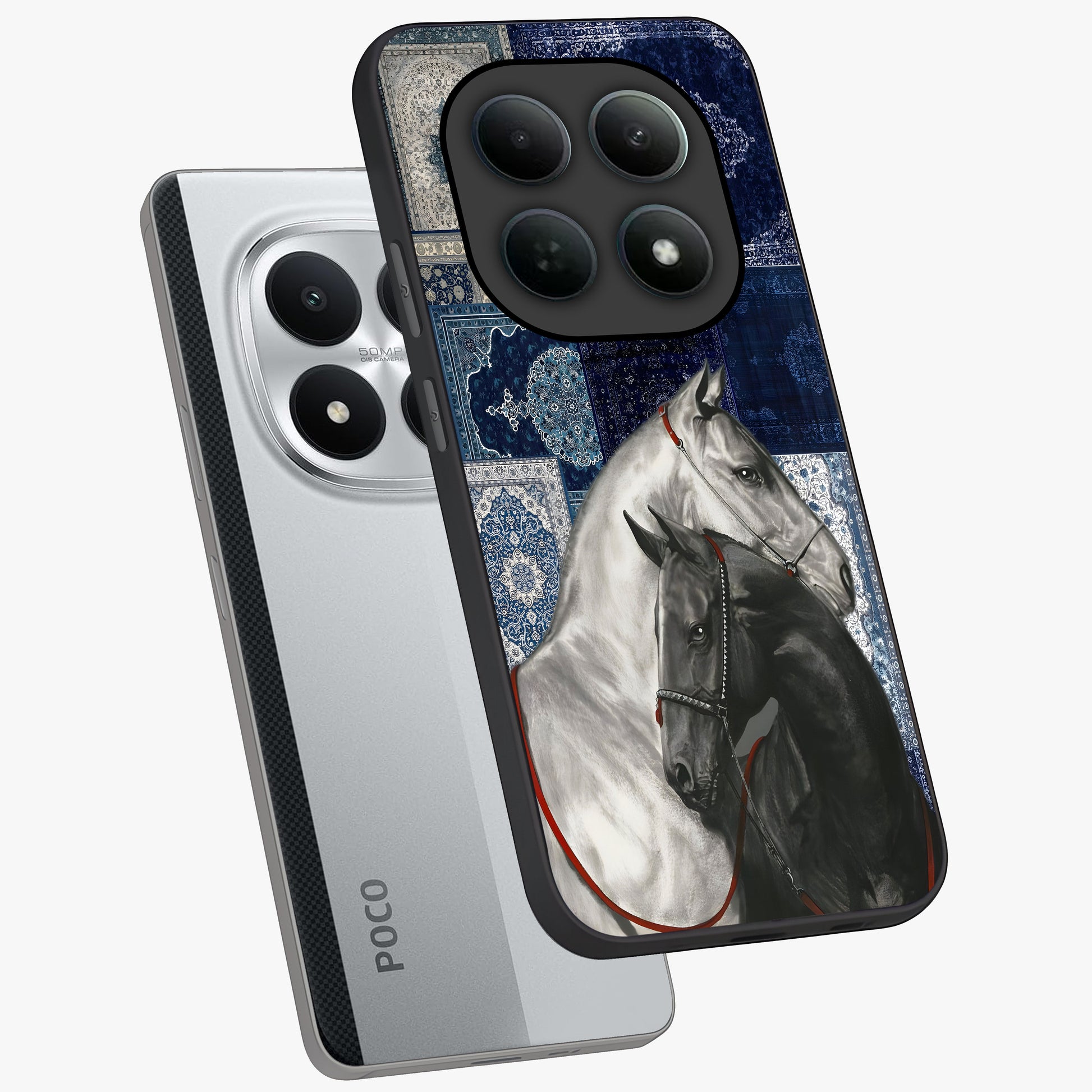 Midnight Stallion Blues Glass Case displayed in angled mockup highlighting powerful stallion illustration with deep midnight tones.