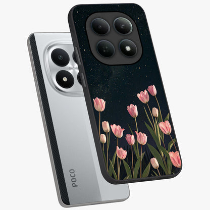 Midnight Tulip Whispers Vibe Glass Case displayed in angled mockup highlighting delicate tulip design with midnight floral aesthetic.