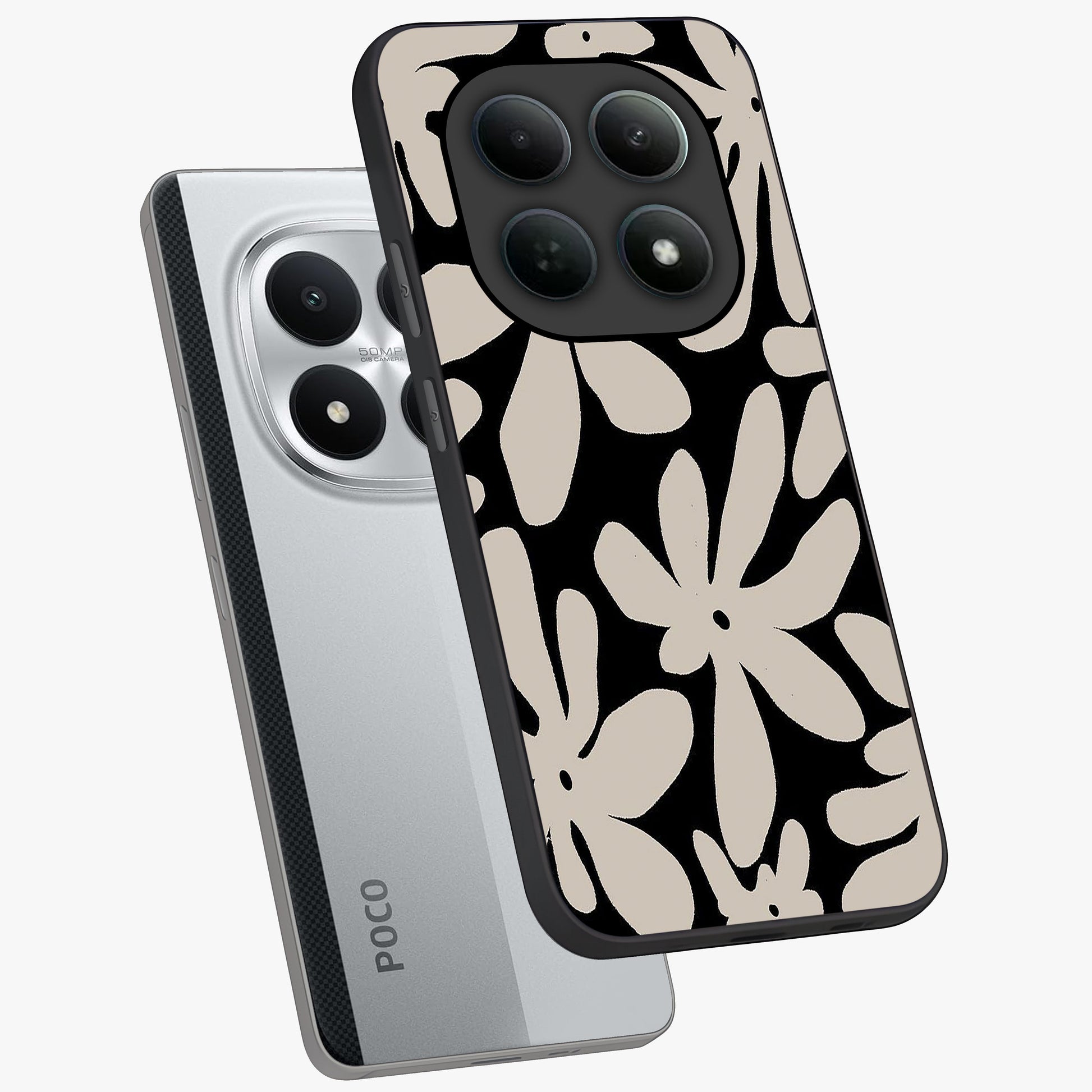 Monochrome Petal Dance Glass Case displayed in angled mockup highlighting elegant petal design with black and white aesthetic.