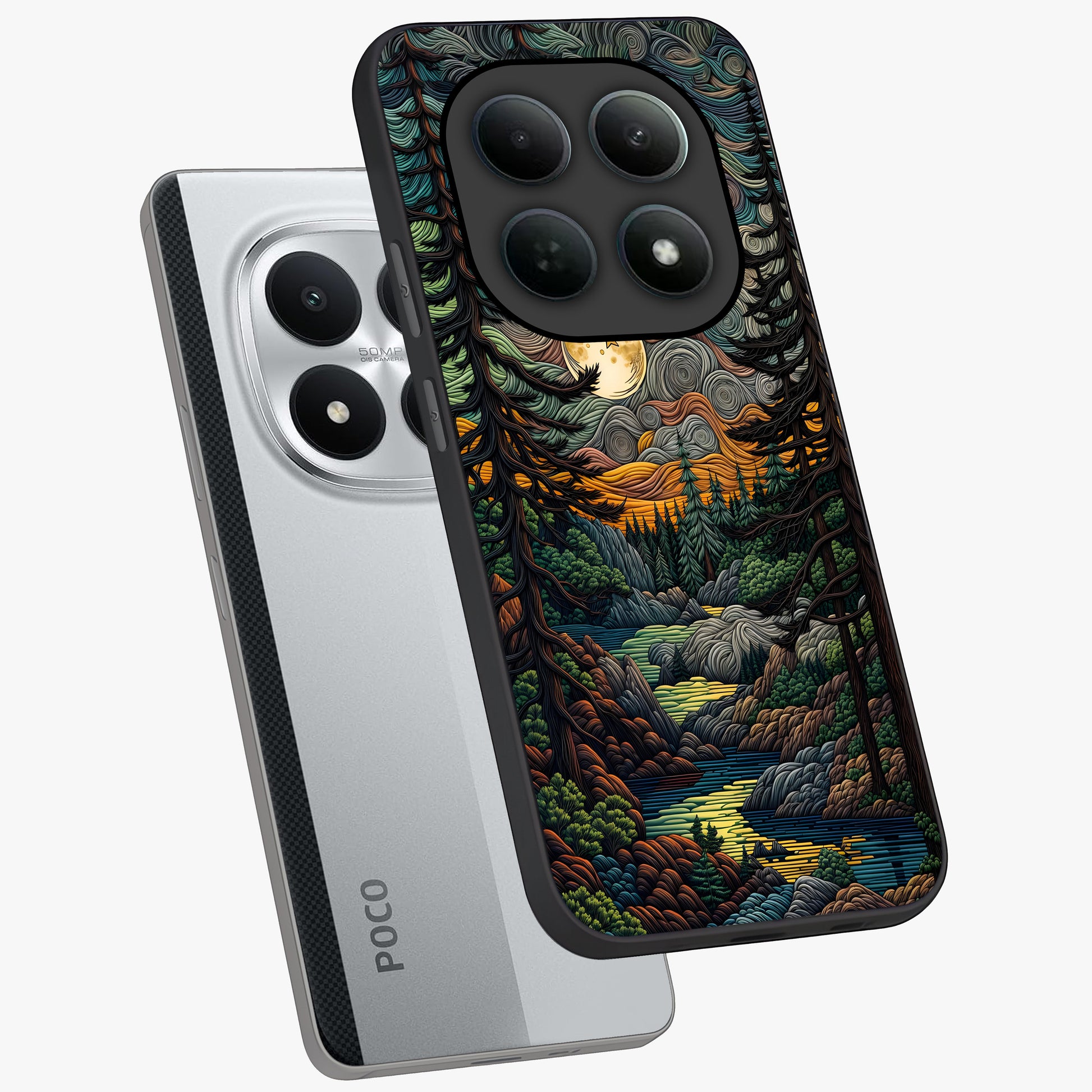 Moonlight Forest Dream Glass Case displayed in angled mockup highlighting dreamy forest design with glowing moon aesthetic.